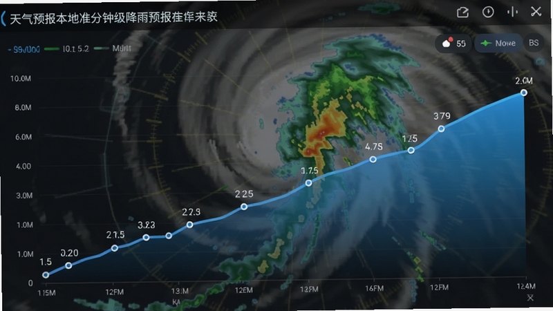 天气预报本地准的分钟级降雨预报界面截图,展示未来两小时的分钟降水曲线,背景有雷达云图动画,主体为清晰的蓝色渐变曲线图,标注具体时间点,整体风格科技感