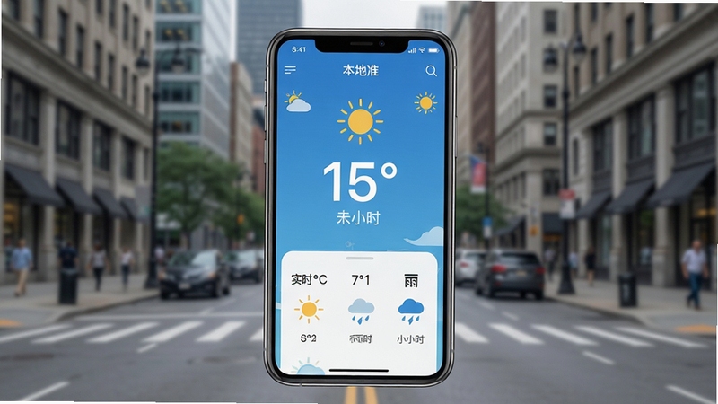 天气预报本地准手机应用界面展示,城市背景,显示实时温度与未来几小时降雨预报,画面主体为清爽蓝色调的天气软件界面,屏幕中央有具体数字温度,背景为清晰的城市街景,风格写实,高分辨率