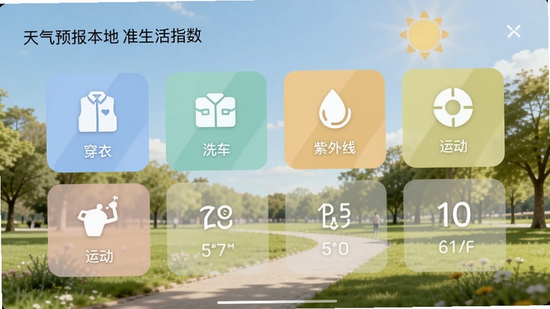 天气预报本地准生活指数界面,展示穿衣、洗车、紫外线、运动等彩色图标卡片,背景为户外公园场景,天气晴朗,图标设计扁平化,色彩柔和,界面整洁