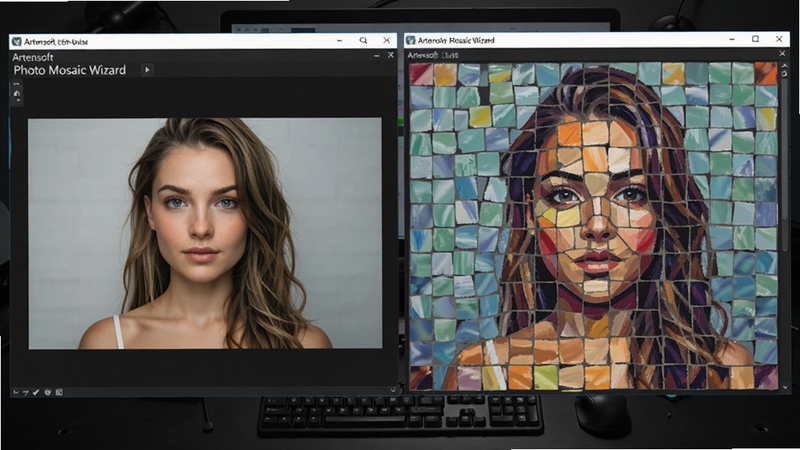 Artensoft Photo Mosaic Wizard 主界面与拼贴效果展示,左侧为原图预览,右侧为马赛克拼贴成品,画面色彩丰富,细节清晰,背景为深色工作台,整体风格专业且现代化