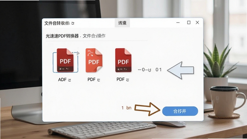 光速PDF转换器文件合并操作窗口,展示拖拽添加多个PDF文件,箭头指向合并按钮,背景为工作桌面场景
