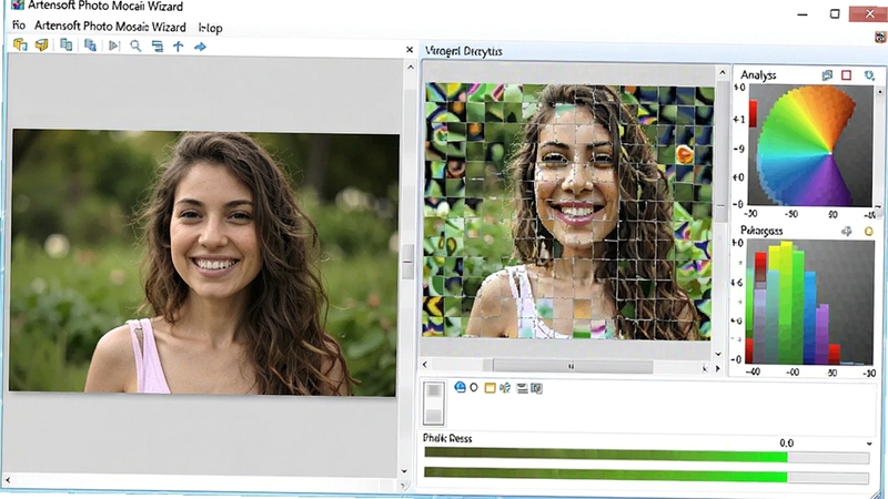 Artensoft Photo Mosaic Wizard 软件操作界面特写,左侧显示原始目标照片,右侧显示马赛克拼图生成过程,色彩分析柱状图与匹配进度条清晰可见,整体风格明亮,细节丰富