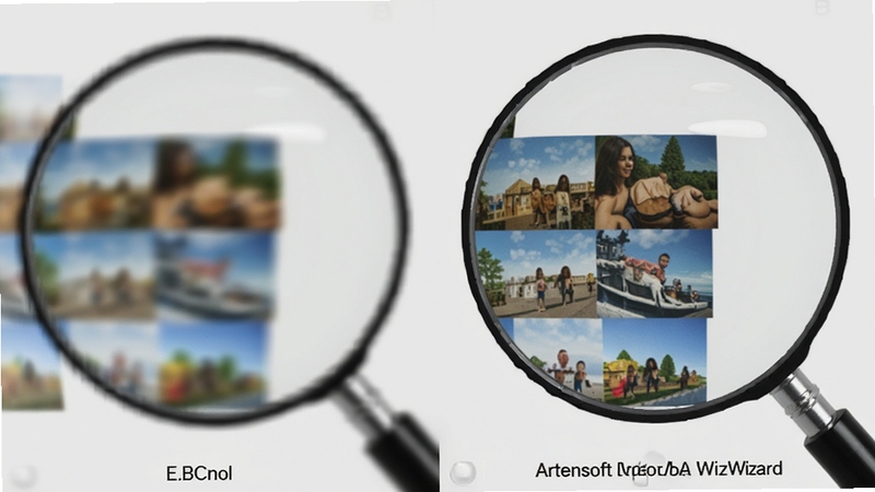 Artensoft Photo Mosaic Wizard 高清输出对比示意图,左边为普通缩放效果的模糊边缘,右边为本软件生成后的锐利细节,画面中展示放大镜下的马赛克小照片边缘平滑无锯齿,背景为干净的浅灰色调,风格简洁直观