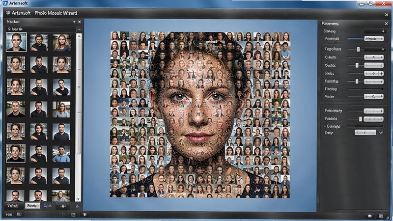 Artensoft Photo Mosaic Wizard 主界面预览图,屏幕中央显示一幅由数百张小照片拼合成的人物肖像马赛克画,左侧为素材库缩略图列表,右侧为参数调节面板,界面采用深灰色金属质感主题,背景为柔和的渐变蓝,光线明亮,画面清晰细腻