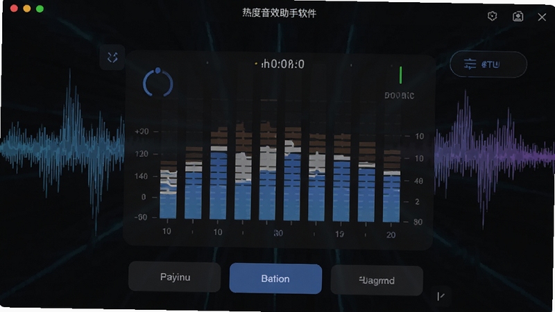 热度音效助手软件主界面预览图,展示其简洁的深色主题UI,中央为可视化均衡器,周围分布功能按钮,背景为抽象的音频波形,整体风格现代且专业,画质高清。