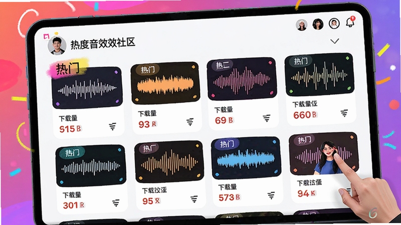 热度音效助手自定义音效社区界面展示,屏幕上排列着多个用户分享的音效卡片,有热门标签和下载量显示,界面风格活泼,色彩丰富,整体氛围活跃。