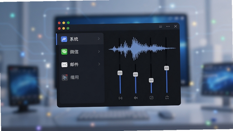 热度音效助手主界面预览图,画面中央是简洁的深色控制面板,左侧列表显示系统、微信、邮件等分类,右侧为波形调节滑块,背景虚化,整体风格现代科技感,界面文字清晰可见,突出软件专业与易用性