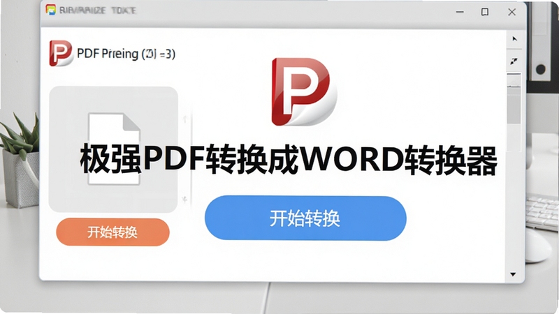 极强PDF转换成WORD转换器主界面预览图,展示软件logo、文件拖拽区域及醒目的“开始转换”按钮,背景为整洁的浅灰色办公桌面,整体风格现代简洁,画面中心突出软件名称:极强PDF转换成WORD转换器。