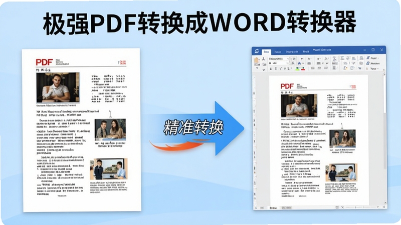 极强PDF转换成WORD转换器功能示意图,左侧为包含图文混排的PDF文档,右侧为转换后编辑状态下的Word文档界面,两者内容呈现一致性,中间以动态箭头连接并标注“精准转换”,背景使用浅蓝色渐变,突出软件名称:极强PDF转换成WORD转换器。