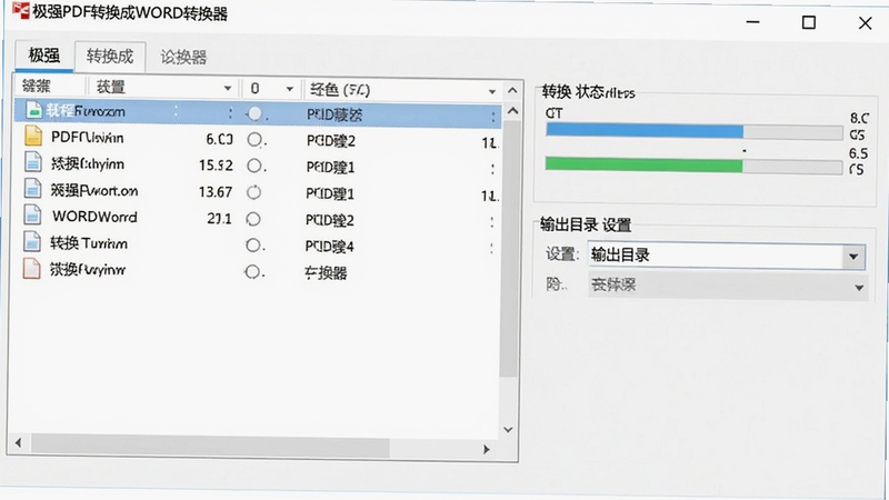 极强PDF转换成WORD转换器批量转换操作截图,界面窗口展示文件列表、转换状态进度条及输出目录设置项,整体设计为浅色系商务风格,功能分区明确,画面包含软件名称:极强PDF转换成WORD转换器。