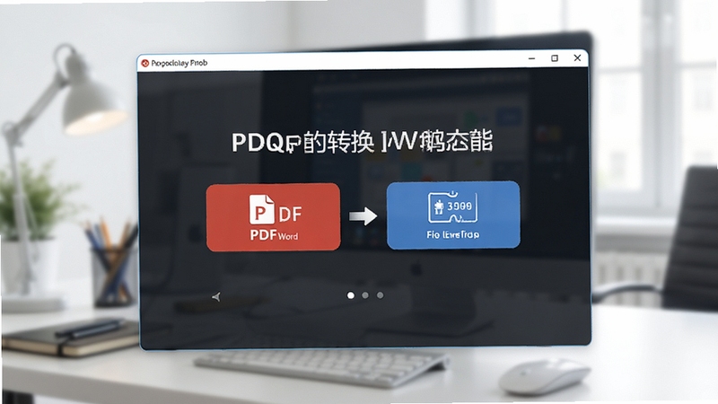 一张高清的软件功能预览图,画面主体是极强PDF转换成WORD转换器软件主界面,背景为模糊的办公桌面,界面清晰展示PDF转Word功能按钮,风格简洁现代,光线明亮,突出软件核心功能。