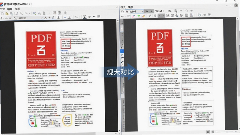 极强PDF转换成WORD转换器软件界面截图,展示PDF转Word的高精度还原效果,左侧为原始PDF文件,右侧为转换后的Word文档,两者排版完全一致,色彩清晰,对比展示软件强大功能。