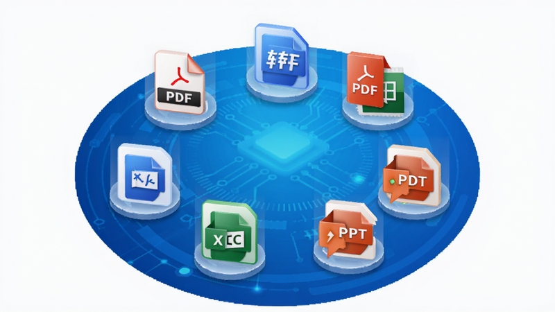 极强PDF转换成WORD转换器功能展示图,画面以圆形布局展示PDF转Word、PDF转Excel、PDF转PPT等多种转换功能图标,背景为渐变科技蓝色,图标立体清晰,风格现代,突出软件多功能特性。