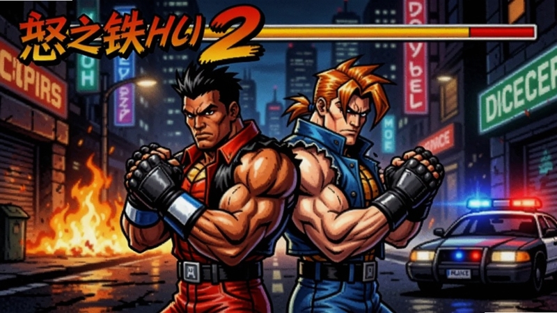 怒之铁拳2游戏主视觉图,画面中央是主角阿克塞尔与布雷兹背靠背站立,背景是霓虹闪烁的罪恶都市街道,远处有火光与警车灯光,整体风格硬朗,美式漫画渲染风格,色彩对比强烈,突出热血格斗氛围,竖版构图,适合移动端游戏宣传图