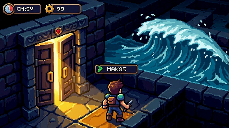 Maze Flood��Ϸʵս������һ��������ٿؽ�ɫվ���Թ����ڵĴ���ǰ���ŷ���͸����ɫ�Ĺ�â����ɫͷ����ʾʣ��ʱ�����ռ������������������𽥱ƽ��ĺ�ˮ��ͷ���������ǿ�ҵ�Ϸ��������ɫ�ʶԱ�������ϸ�ڷḻ