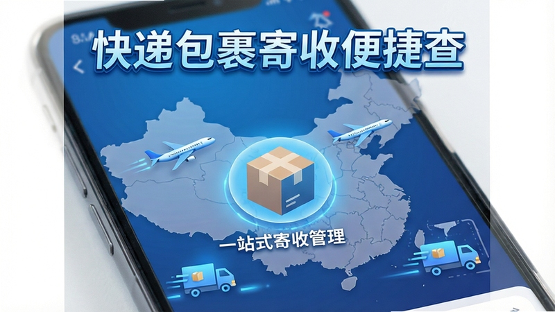 现代感智能手机屏幕特写,界面显示“快递包裹寄收便捷查”主页面,背景为半透明的中国地图轮廓与穿梭的货运飞机、货车图标,整体色调为蓝色科技光效,主视觉焦点位于屏幕中央的包裹箱图标,标注“一站式寄收管理”,画面左右留白以适配Boogu模型,风格明亮清晰,软件名称“快递包裹寄收便捷查”以艺术字形式悬浮于屏幕上方。
