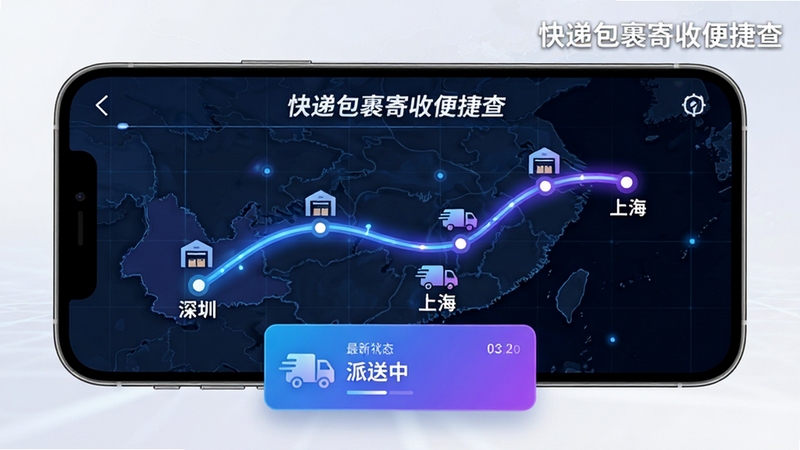手机横屏展示“快递包裹寄收便捷查”的物流轨迹地图界面,画面中央为一条从深圳到上海的动态发光路线,途经节点标注仓库和运输车辆图标,背景采用深色科技网格,底部悬浮卡片显示最新物流状态“派送中”,整体配色以蓝紫渐变为主,强调实时追踪的科技感,软件名称“快递包裹寄收便捷查”以水印形式出现在右上角。