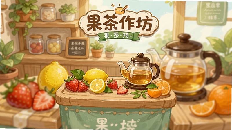 果茶作坊游戏主界面预览图,画面中央是一间温馨明亮的果茶小店操作台,摆放着新鲜草莓、柠檬、橙子等水果和玻璃茶壶,背景是木质货架与绿植,整体色调清新柔和,突出果茶作坊品牌名称,风格为卡通手绘质感,细节丰富,适合竖屏手机游戏展示