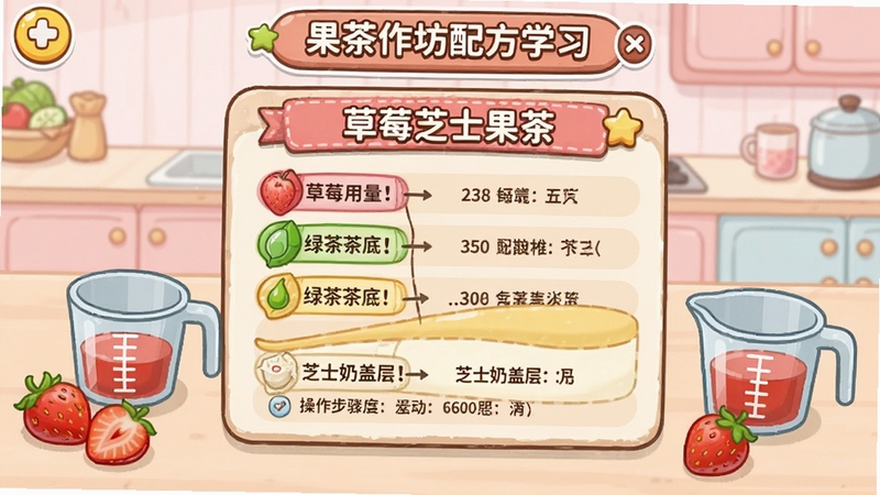 果茶作坊配方学习界面,显示一份草莓芝士果茶配方卡,标注草莓用量、绿茶茶底、芝士奶盖层,旁边有新鲜草莓和量杯,背景为浅粉色厨房操作台,卡通插画风格,细节包括配方数据和操作步骤,突出游戏教学功能