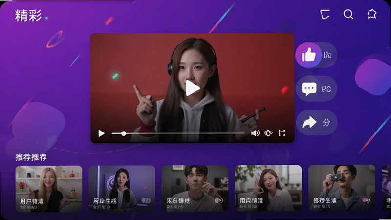 展示“精彩”软件主界面,中央是一个正在播放的短视频窗口,右侧悬浮着点赞、评论、分享按钮,下方是一排根据用户喜好生成的推荐卡片,背景为渐变紫色,整体风格时尚动感,突出智能推荐功能,竖屏截图样式。