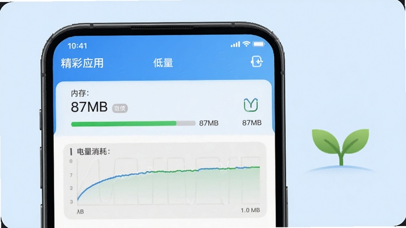 展示“精彩”应用在手机后台任务管理器中的界面,显示内存占用仅为87MB,电量消耗曲线平缓,旁边有一棵绿色的小树苗图标,寓意节能环保,背景为清爽的浅蓝色,风格简约直观,强调应用轻量低耗的特性。