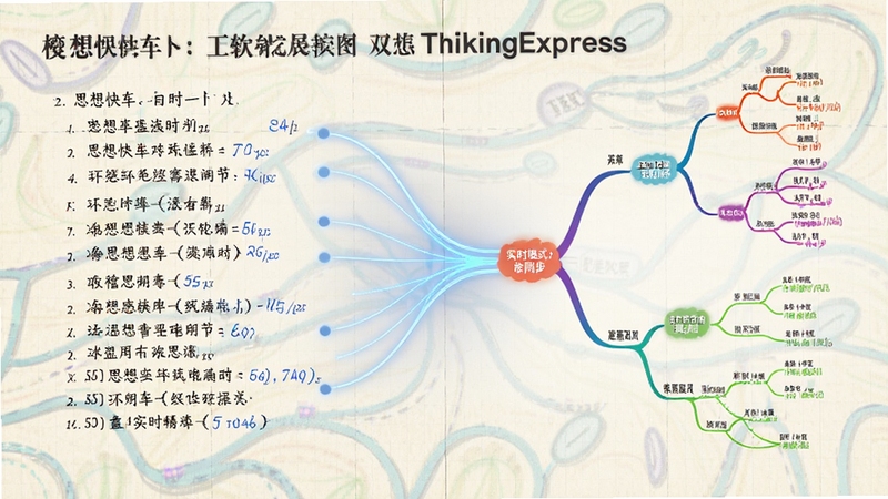 思想快车(ThinkingExpress)软件功能展示图,左侧显示条理清晰的文字笔记大纲,右侧自动生成色彩丰富的思维导图分支,中间用发光线条连接,背景为淡雅的网格纸纹理,提示词强调双模式实时同步的视觉效果