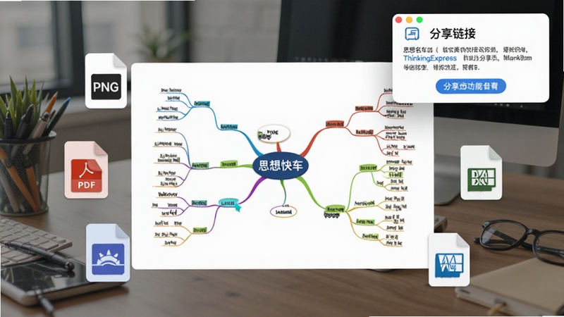 思想快车(ThinkingExpress)导出分享功能示意图,画面中央是一张精致的思维导图,周围环绕着PNG、PDF、Markdown等格式图标,右上角悬浮一个“分享链接”的对话框,背景为办公桌面场景,提示词需包含软件名称及导出功能关键词