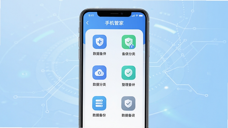 手机管家app数据备份主界面展示图,画面中心为手机屏幕,屏幕内显示数据备份分类图标,背景为浅蓝色科技感渐变,整体明亮清晰,突出软件的整理功能与安全可靠感。