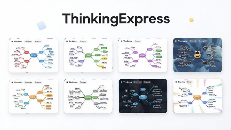 思想快车(ThinkingExpress)功能预览图,展示多种思维导图布局与主题皮肤,画面中数个不同颜色和结构的导图缩略图整齐排列,背景干净明亮,突出个性美化与智能排列功能,整体风格清新且富有设计感。