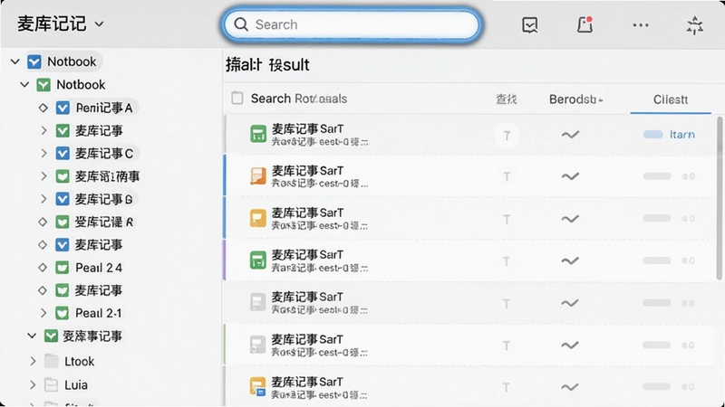 麦库记事分类管理界面,左侧树状笔记本列表,顶部搜索框高亮,中央显示搜索结果列表,界面干净,突出条理清晰与查找便捷