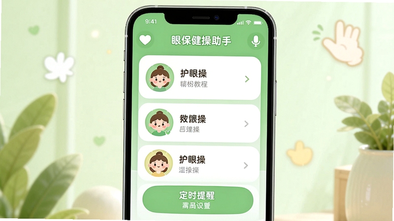 眼保健操助手主界面展示,手机屏幕显示护眼操教程列表与定时提醒设置,背景为清新绿色护眼主题,界面简洁明亮,图标圆润可爱,整体风格温馨实用,突出软件核心功能与健康理念