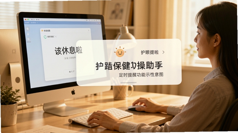 眼保健操助手定时提醒功能示意图,手机弹出护眼提醒卡片,显示“该休息啦”字样,背景为办公室场景,电脑屏幕亮着,用户放下鼠标准备做操,画面色调温暖,突出智能提醒与人性化设计