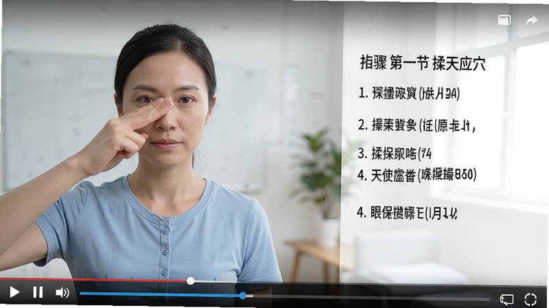 眼保健操助手教学视频播放页面,屏幕展示第一节揉天应穴动作特写,旁边有步骤文字解说,背景为简洁室内环境,视频画质清晰,人物示范标准,界面下方有播放控制条,整体风格专业易懂
