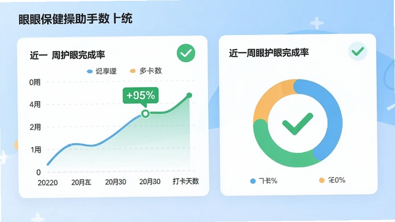 眼保健操助手数据统计界面,以折线图和环形图展示近一周护眼完成率,日期与打卡天数清晰可见,背景为淡蓝色渐变,卡片式布局整洁,配以绿色对勾图标,强调进步与成就感