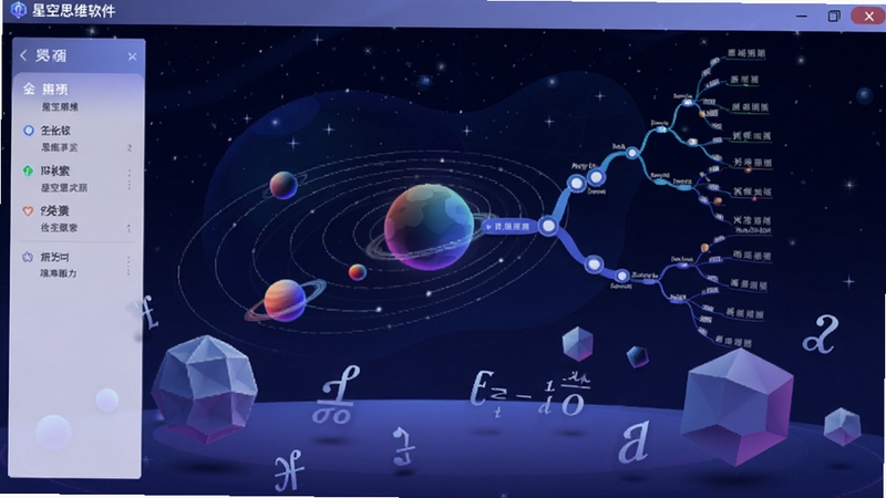 星空思维软件主界面预览图,画面中心展示星球轨道与思维导图结合的动态壁纸,背景为深蓝色宇宙星空,前景悬浮着多个几何模型和数学符号,风格科技感十足,光线柔和,界面布局清晰,适配手机竖屏显示,整体色调以蓝紫渐变为主,营造理性探索的沉浸氛围。