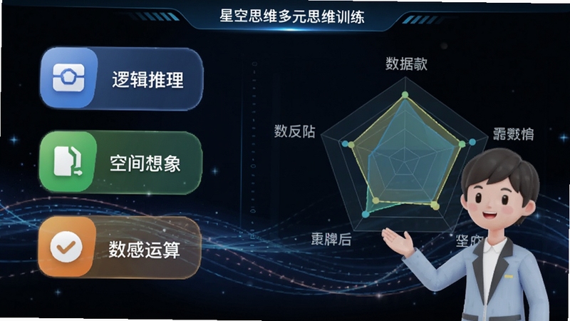 星空思维多元思维训练功能界面示意图,画面左侧显示逻辑推理、空间想象、数感运算等彩色图标,右侧为雷达图数据展示,背景为深色科技感界面,辅以流动的光线特效,人物形象为虚拟卡通导师正在引导,整体风格明亮清晰,突出功能多样与数据可视化特点。
