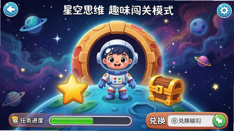 星空思维趣味闯关模式游戏画面,画面中央为一名宇航员角色站在星球关卡入口,前方有金色星星与宝箱道具,界面底部显示任务进度条和兑换码输入框,背景为浩瀚星河与璀璨星云,色彩明亮活泼,卡通渲染风格,强调冒险与激励元素,整体氛围轻松愉快。