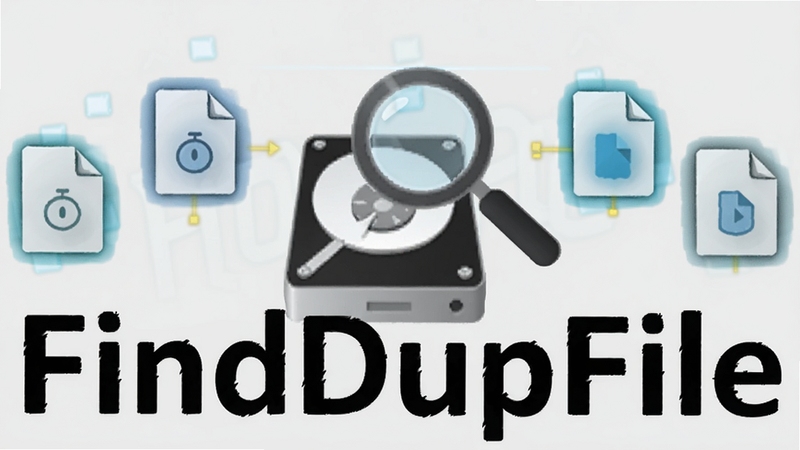 FindDupFile扫描过程示意图,画面中硬盘图标上方有放大镜正在扫描,周围散布着重复的文件图标被高亮标记,背景为干净的浅灰色,风格简洁明了,突出软件名称FindDupFile。