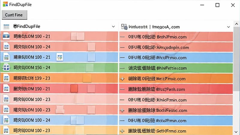 FindDupFile扫描结果列表截图,画面展示多组重复文件对比,文件名、大小、路径清晰可见,高亮显示建议删除项,背景为纯白,UI风格简洁,突出软件名称FindDupFile。
