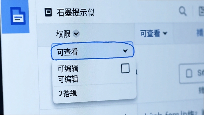 生图提示词:一张石墨文档权限设置界面的特写图,界面上有明显的权限选项下拉菜单,包含“可查看”、“可编辑”等选项,背景简洁干净,色调偏冷色系,体现出安全性与专业感。