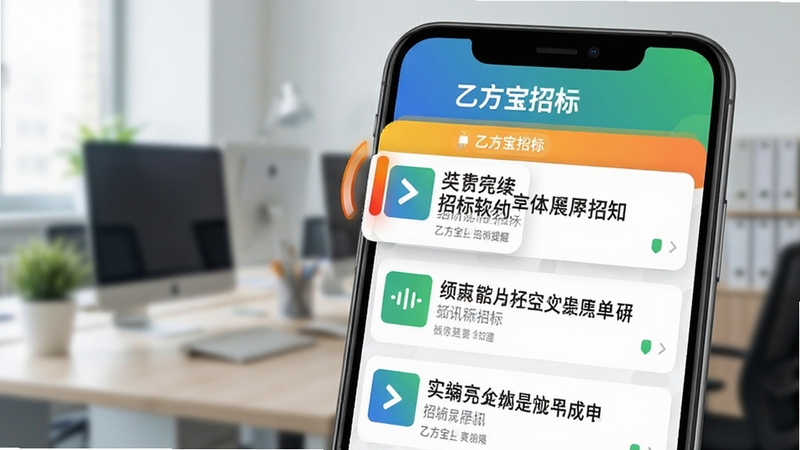 乙方宝招标软件推送通知展示图,手机屏幕上显示多条最新招标提醒,背景为模糊的办公场景,画面重点突出通知栏中“乙方宝招标”名称与标讯标题,色彩明快,强调实时性与便捷性