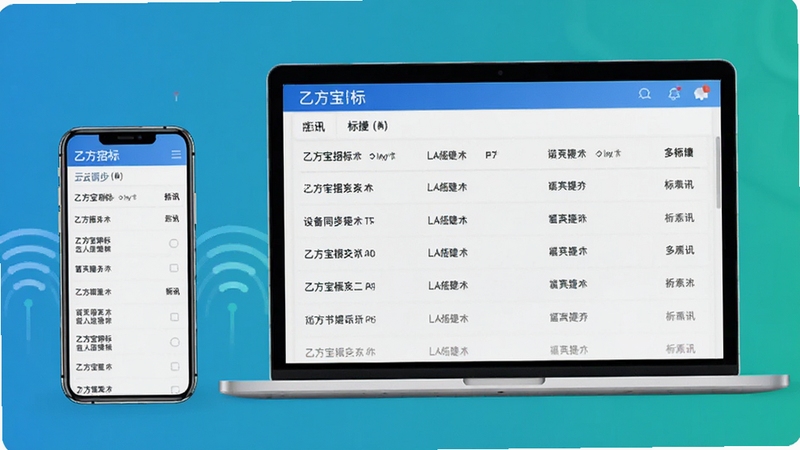 乙方宝招标多设备同步概念图,画面左侧为手机,右侧为笔记本电脑,屏幕均显示相同标讯列表,背景为干净的蓝绿色渐变,突出云同步与便捷性,画面中包含软件名称,风格现代简洁