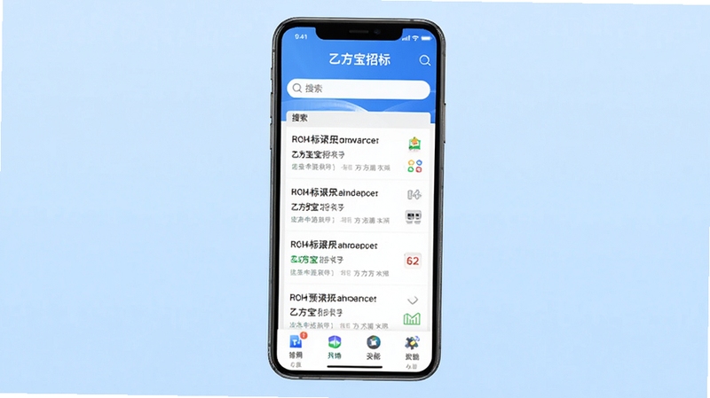 乙方宝招标手机应用主界面预览图,展示首页标讯列表、搜索栏与功能图标,背景为浅蓝色渐变,整体风格简洁商务,突出软件名称“乙方宝招标”,画面清晰明亮,适配移动端竖屏展示