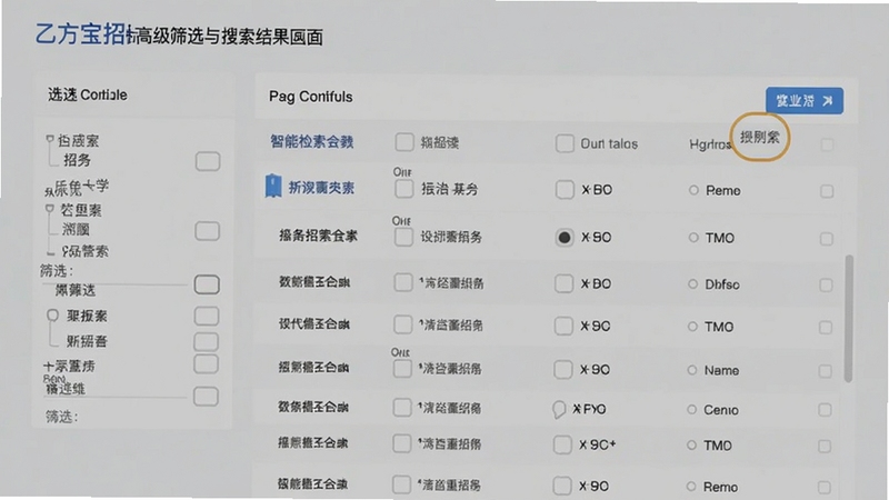 乙方宝招标高级筛选与搜索结果界面,屏幕上展示筛选条件面板和列表结果,背景为纯色浅灰,重点呈现软件名称与筛选选项,画面简洁直观,突出智能检索功能