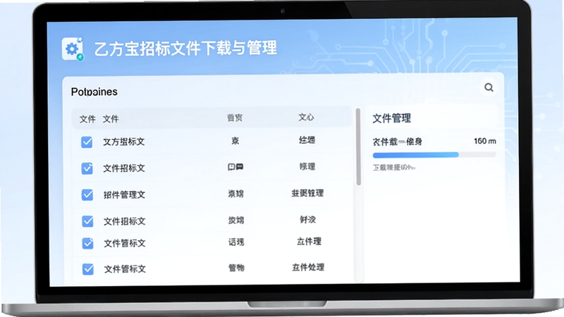 乙方宝招标文件下载与管理界面,展示文件列表与下载进度条,背景为浅蓝白渐变,图标风格统一,突出软件名称和文件管理功能,画面清晰具有科技感