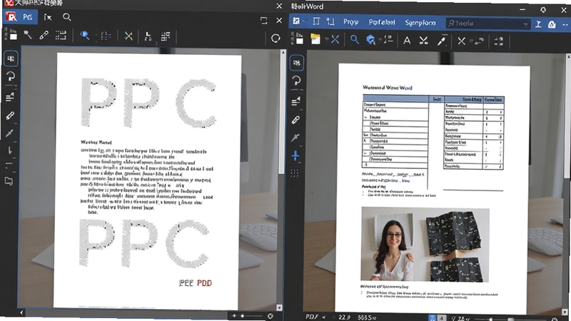 W大师PDF转换器界面中PDF转Word功能演示截图,左侧为PDF源文件预览,右侧为转换后的Word文档效果,显示出清晰的表格和图片,背景为工作桌面环境