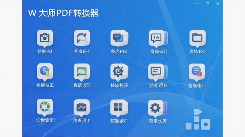 W大师PDF转换器主界面全貌预览图,显示软件名称、功能图标排列整齐、背景为现代简约的蓝色渐变色调,画面清晰明亮,突出软件的专业性和易用性
