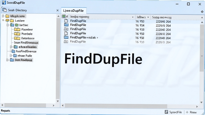FindDupFile主界面预览图,干净明亮的软件操作窗口,左侧为扫描目录树,右侧为重复文件列表,中央显示软件名称FindDupFile,整体商务简洁风格,浅蓝色背景,高清渲染
