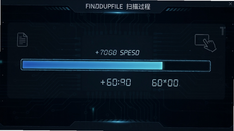 FindDupFile扫描过程动画截图,显示进度条与文件计数,背景为深色科技感界面,高亮显示扫描速度与文件数量,突出高速引擎特性