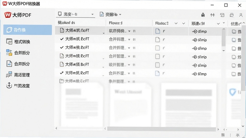一张展示W大师PDF转换器软件主界面的高清截图,界面布局清晰,左侧功能栏展示格式转换、合并拆分等选项,右侧为文件列表区域,背景为浅灰色,整体风格简洁明亮